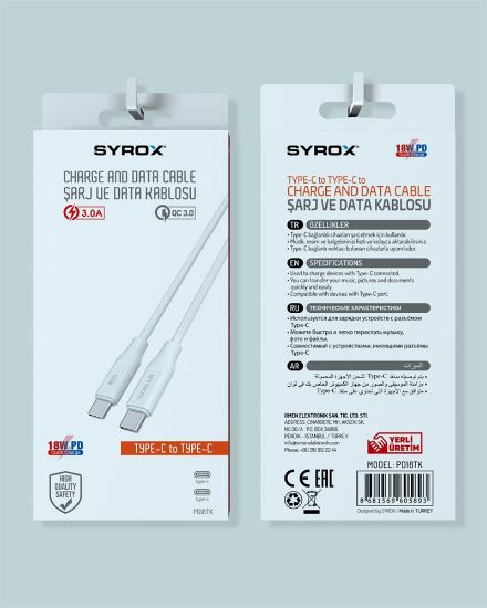 SYROX PD18TK 3.0A 18W PD TYPE-C TO TYPE-C KABLO resmi