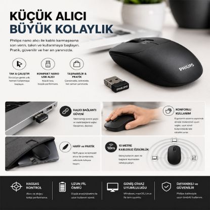 PHILIPS 1600 DPI SESSİZ TIKLAMA SİYAH KABLOSUZ MOU resmi